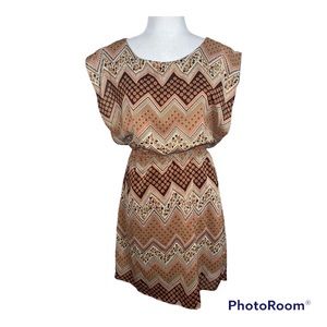 Famosa Golden Brown Geometric Shape Pull On Elastic Waist Dress Sz S